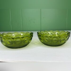 Avocado green Bartlett Collins pressed glass fruit bowls in St Genevieve pattern